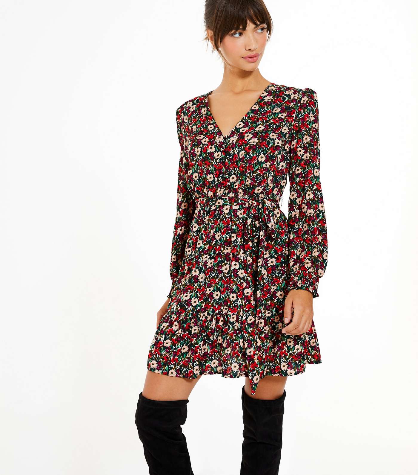 Red Floral Puff Sleeve Belted Tea Dress Image 2
