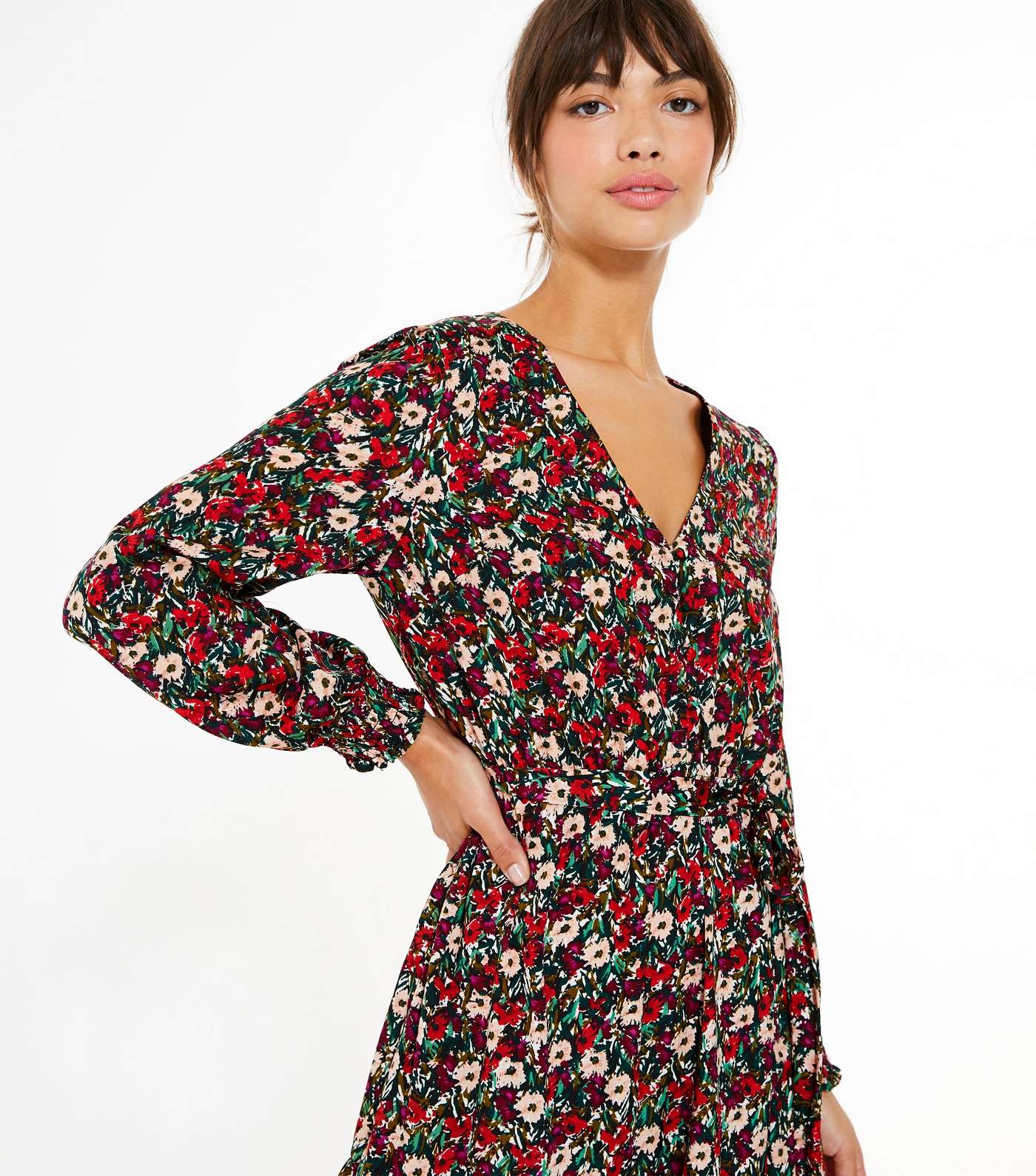 Red Floral Puff Sleeve Belted Tea Dress Image 4
