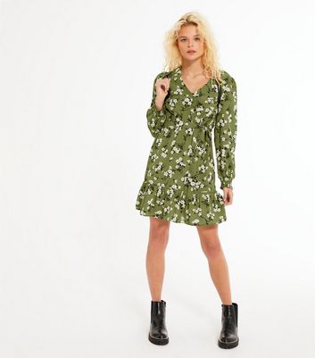 Image of Green Floral Button Up Ruffle Mini Dress New Look