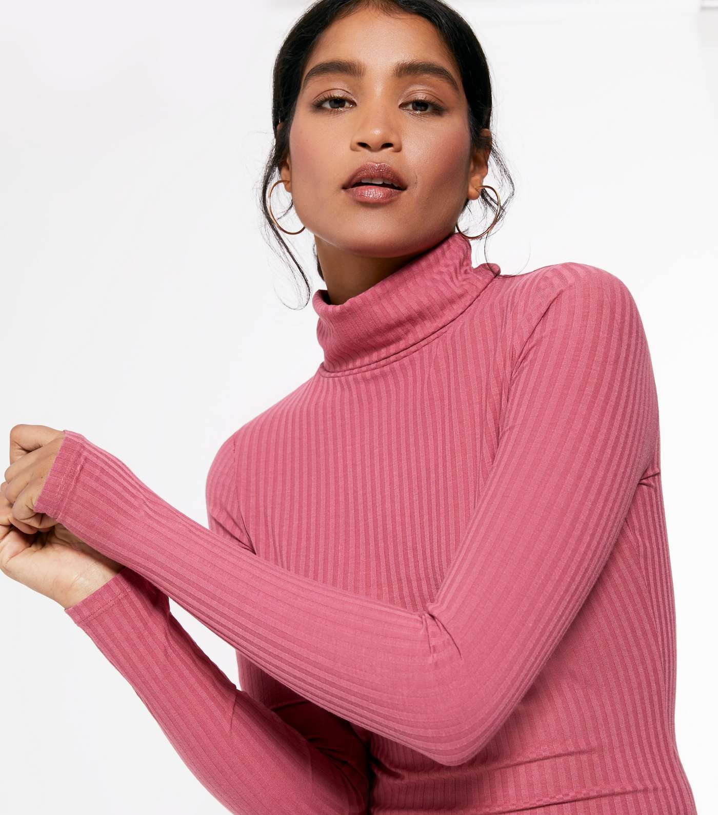 Deep Pink Wide Rib Roll Neck Top  Image 4