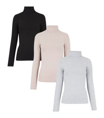 Pink and Grey Rib Roll Neck Tops 