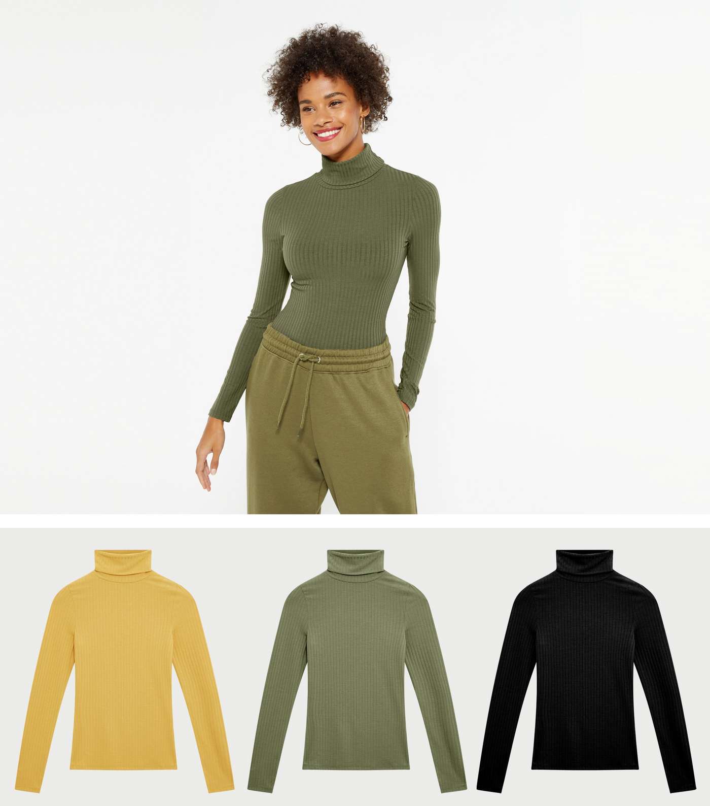 3 Pack Yellow Green and Black Rib Roll Neck Tops