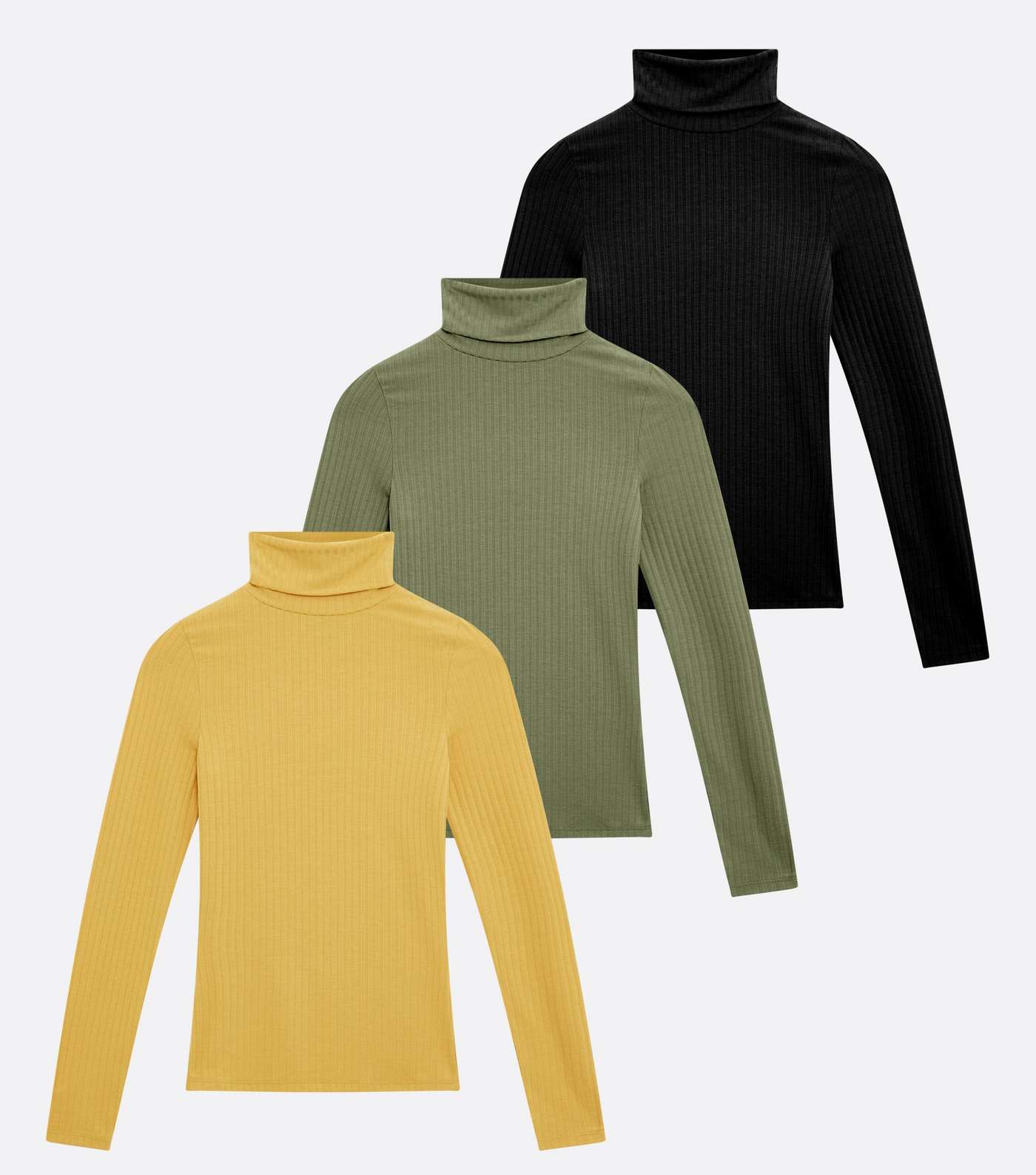 3 Pack Yellow Green and Black Rib Roll Neck Tops Image 5
