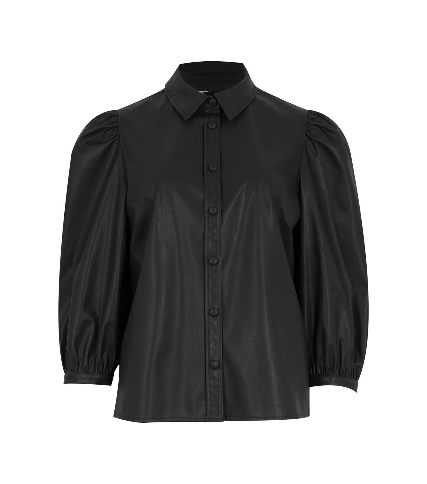 Black Leather-Look Puff Sleeve Shirt  Image 5