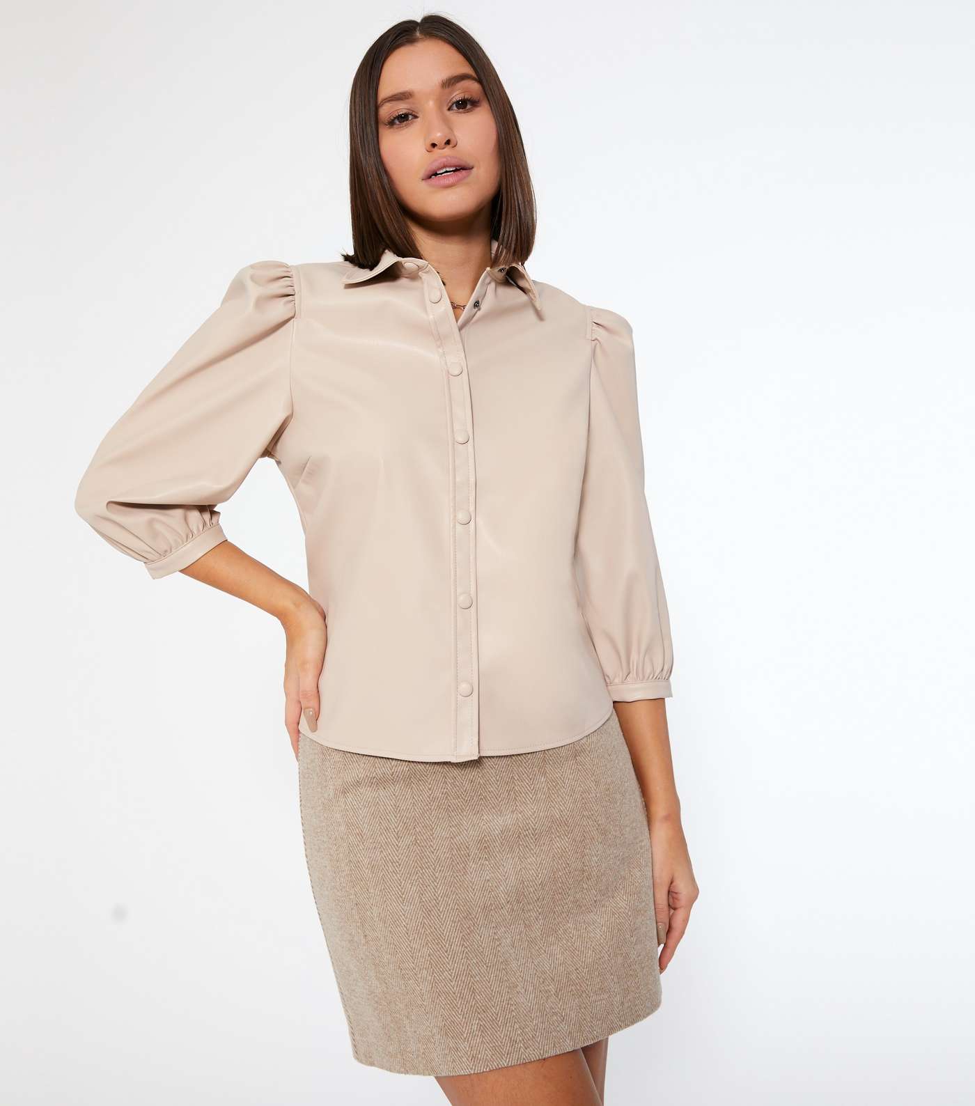 Stone Leather-Look Puff Sleeve Shirt 