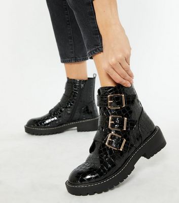 Black Patent Faux Croc Chunky Buckle 