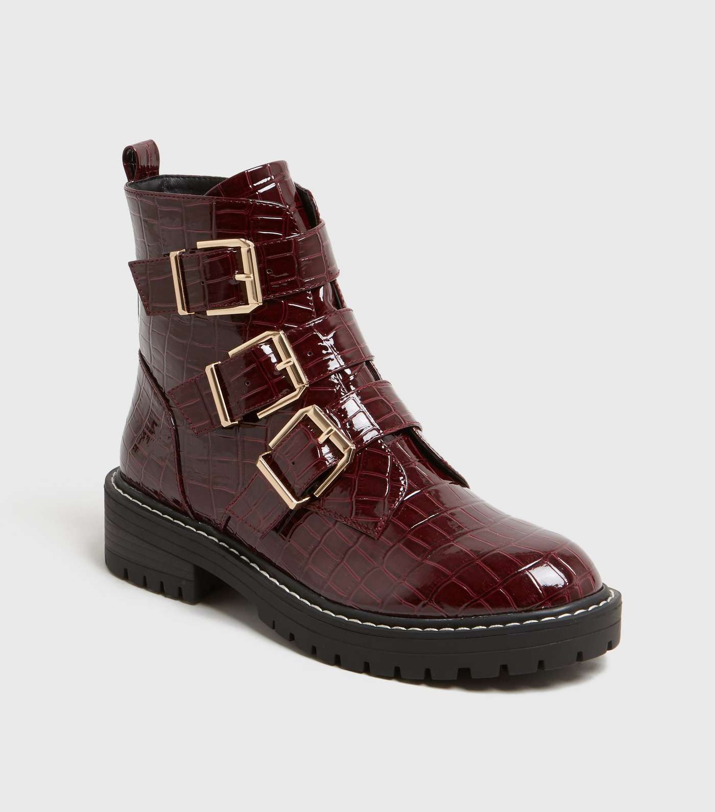 Dark Red Patent Faux Croc Chunky Buckle Boots Image 2