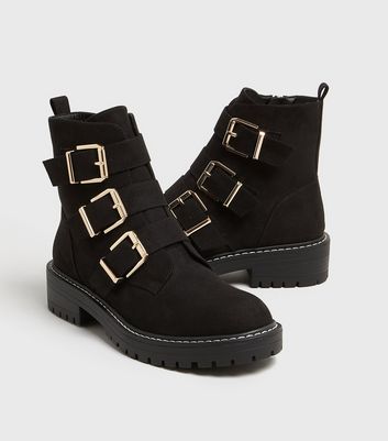 Image of Black Suedette Triple Buckle Chunky Biker Boots New Look Vegan