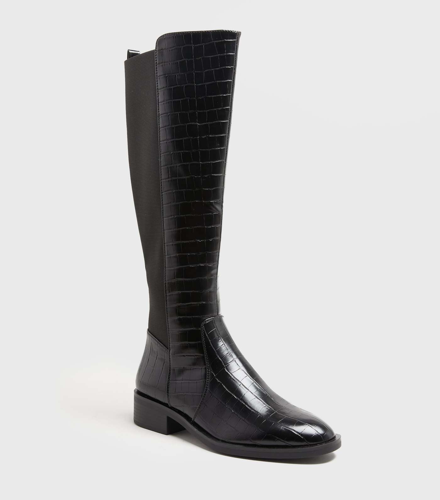 Black Faux Croc Elasticated Knee High Boots Image 3