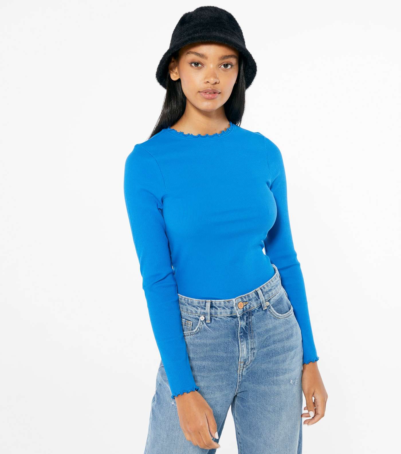 Blue Ribbed Frill Trim Long Sleeve Top