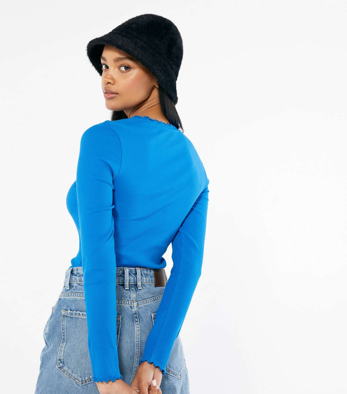 Blue Ribbed Frill Trim Long Sleeve Top Image 3