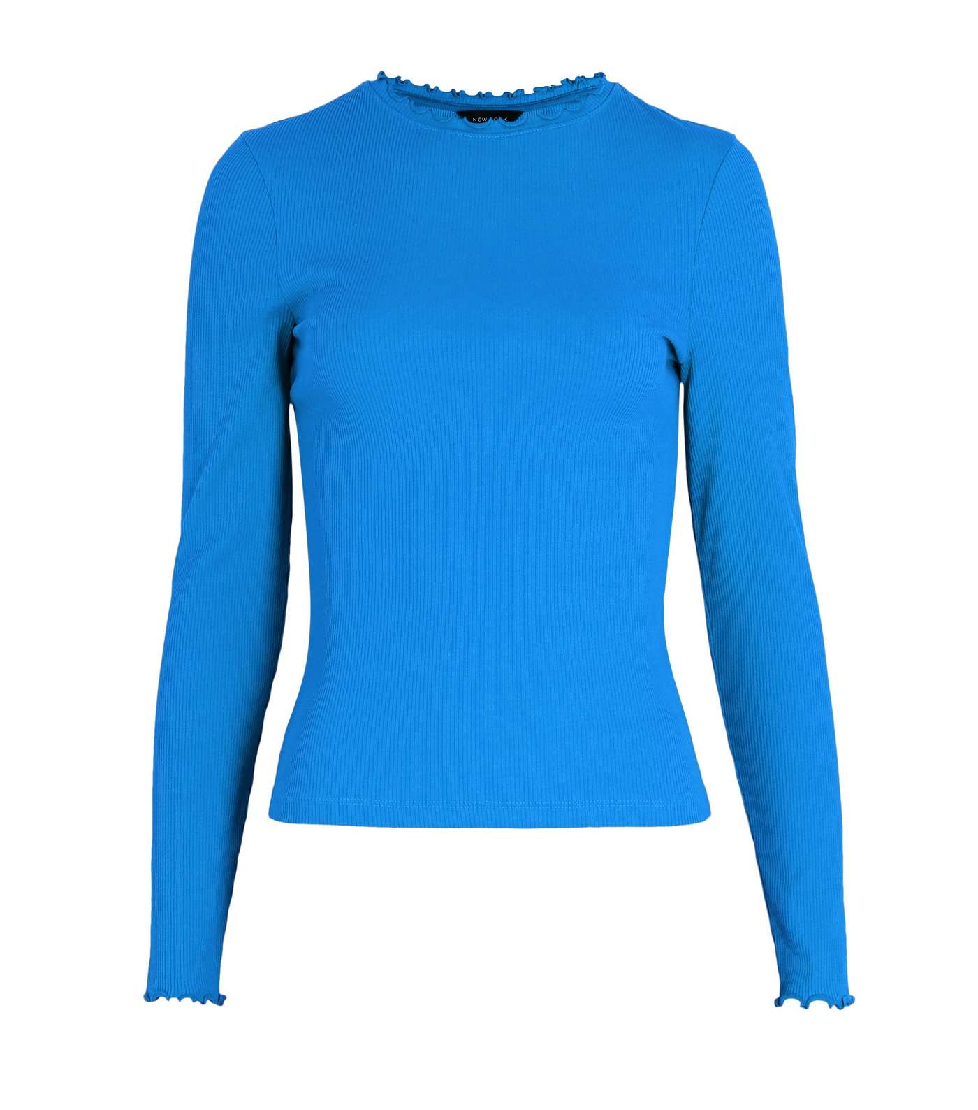 Blue Ribbed Frill Trim Long Sleeve Top Image 5