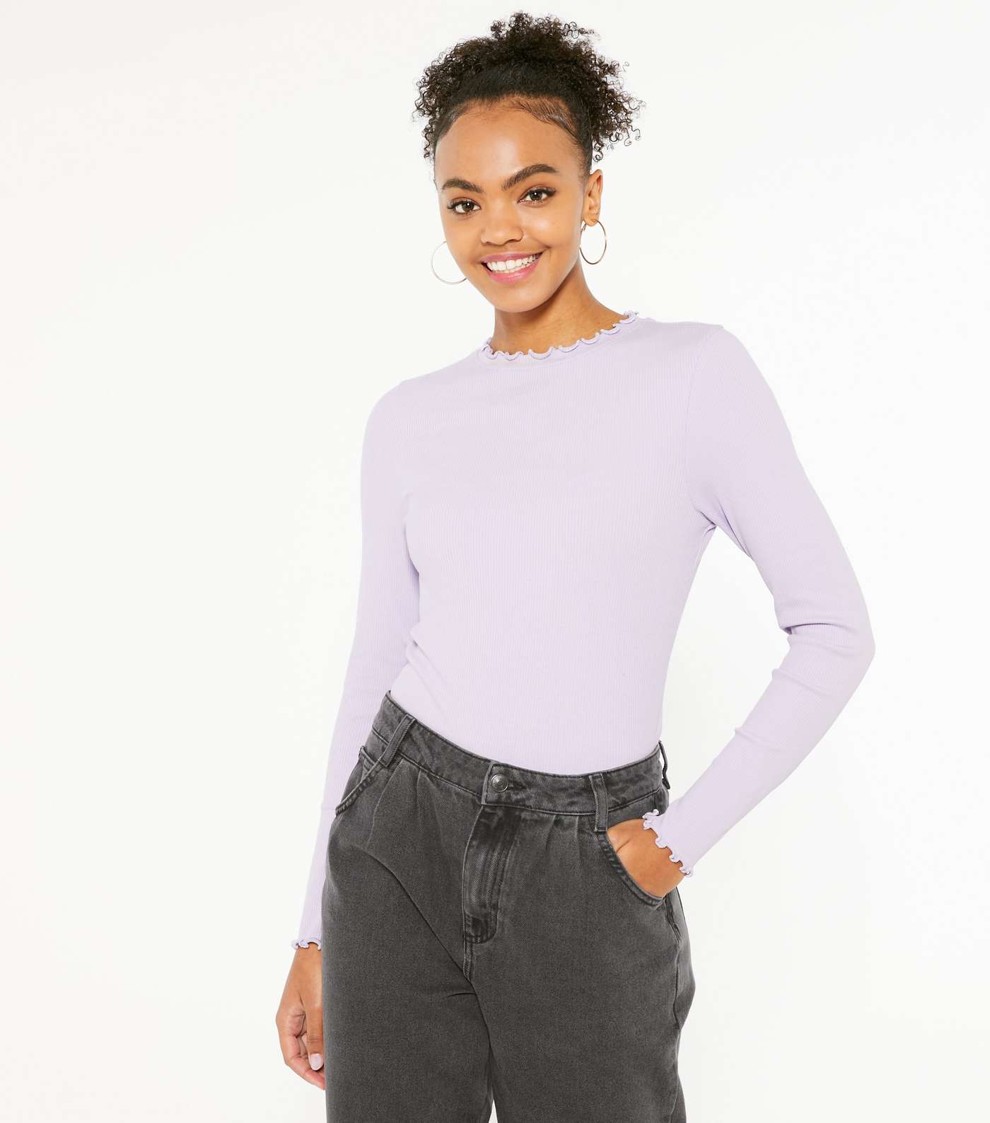 Lilac Ribbed Frill Trim Long Sleeve Top