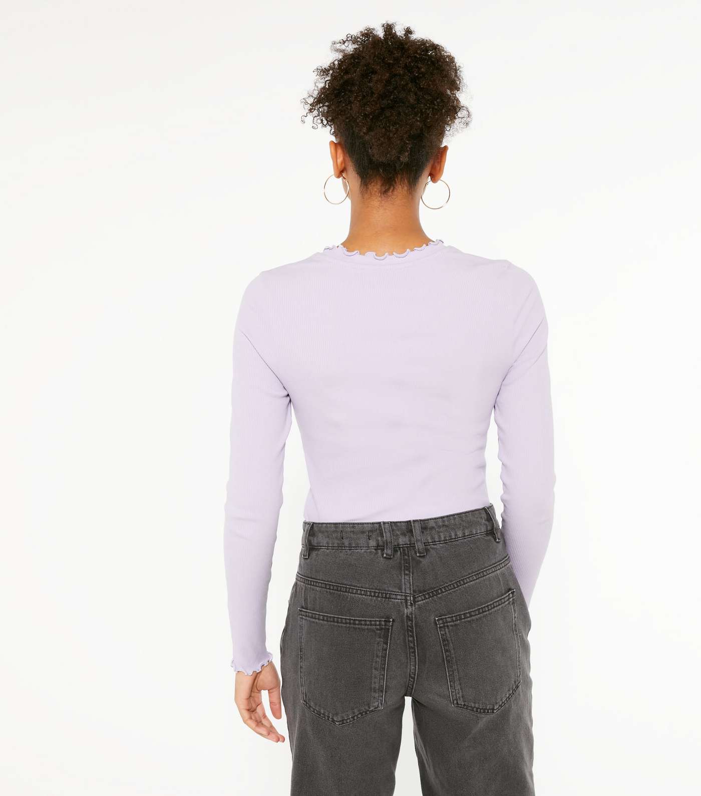 Lilac Ribbed Frill Trim Long Sleeve Top Image 3
