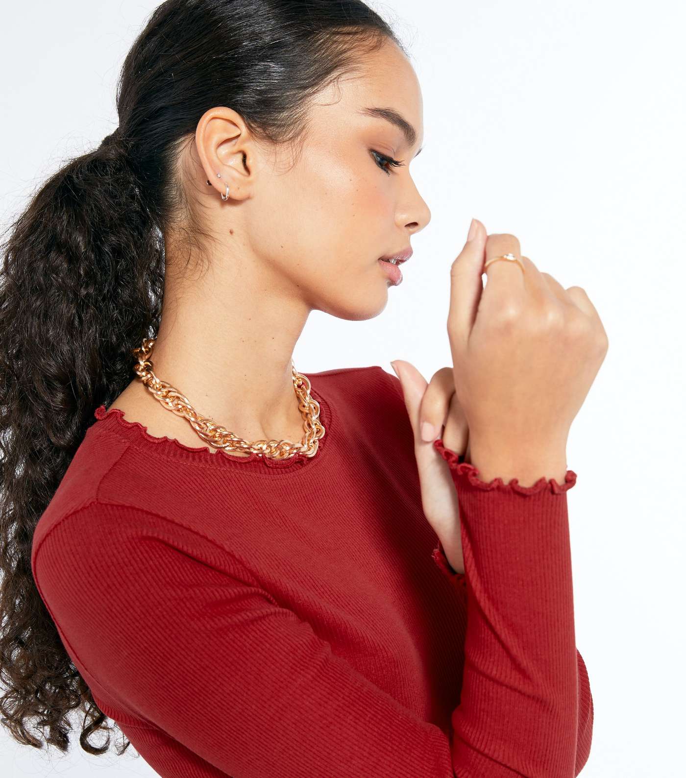 Red Ribbed Frill Trim Long Sleeve Top Image 4