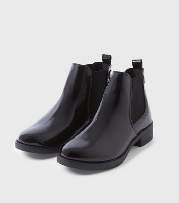 Black Patent Flat Chelsea Boots | New Look