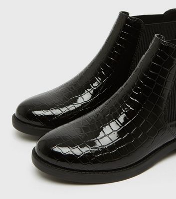 Image of Black Patent Faux Croc Chelsea Boots New Look Vegan