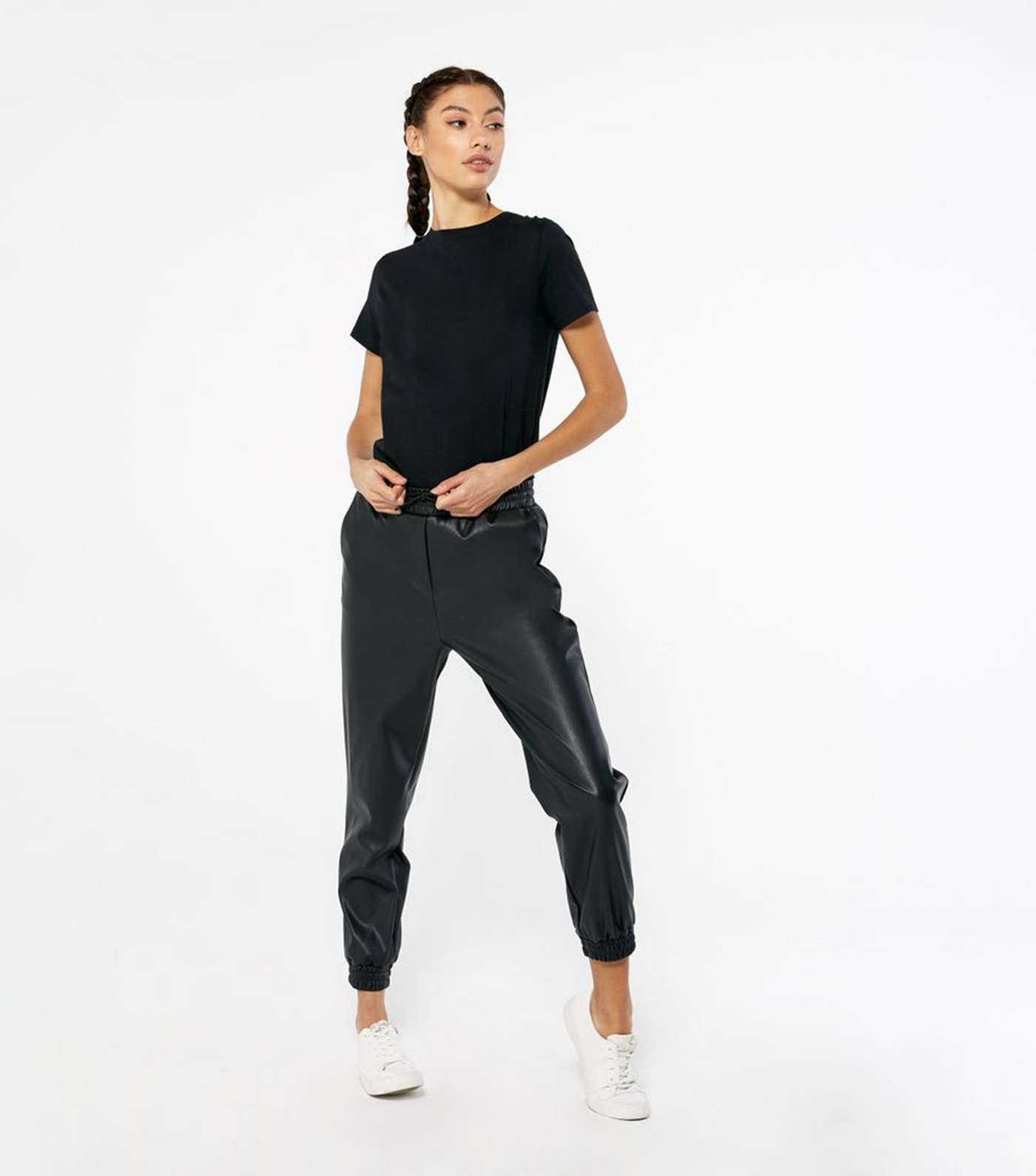 Black Leather-Look Cuffed Joggers