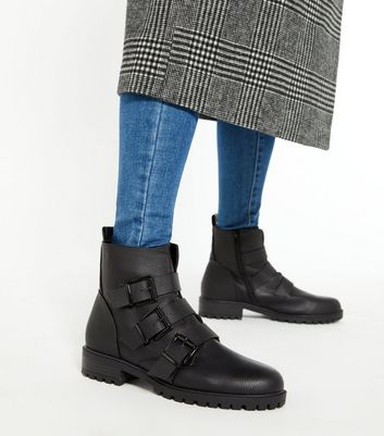 Image of Black  Buckle Strap Biker Boots New Look Vegan