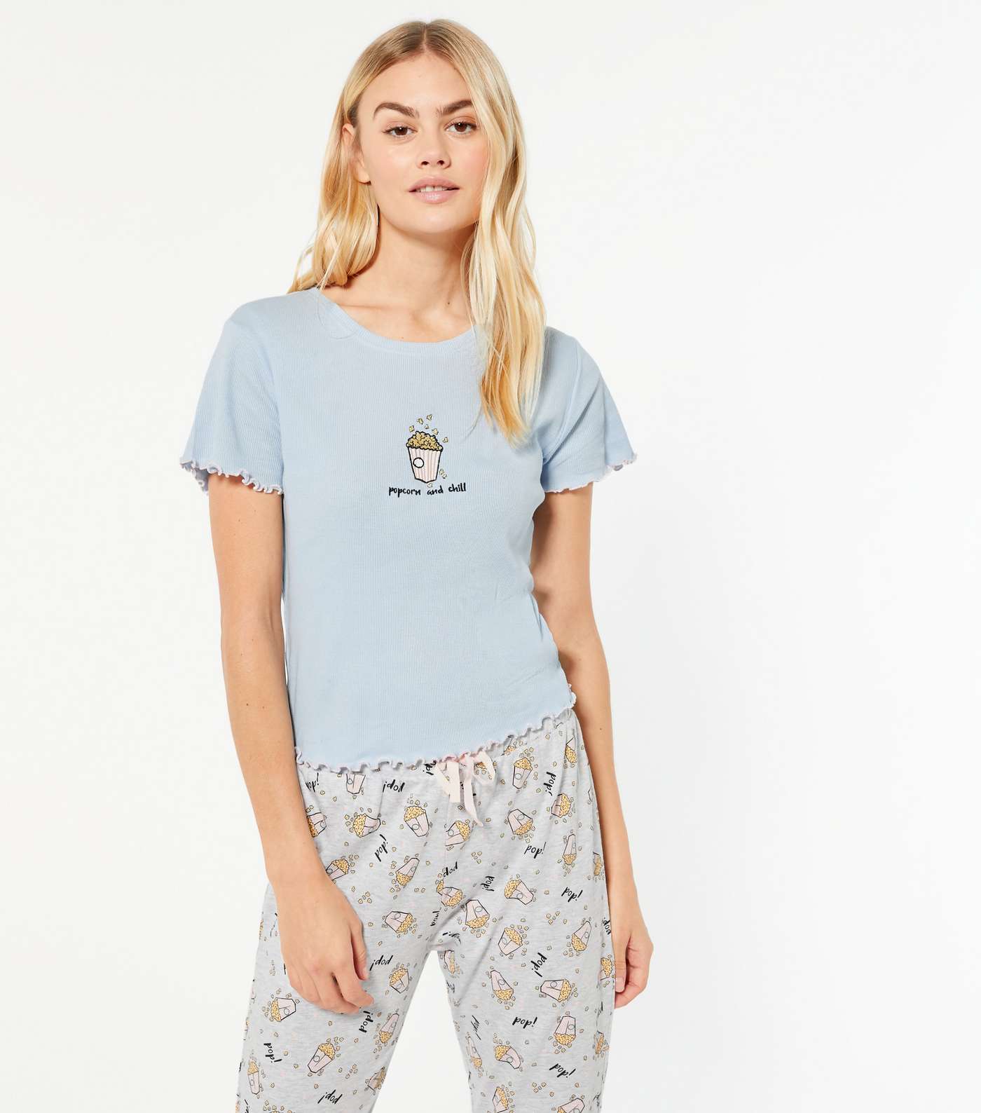 Pale Blue Popcorn and Chill Slogan Jogger Pyjama Set  Image 2