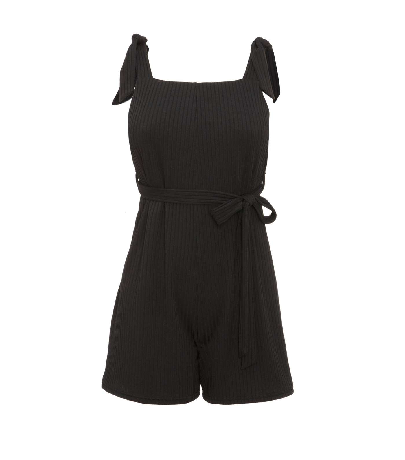 Petite Black Ribbed Belted Playsuit 