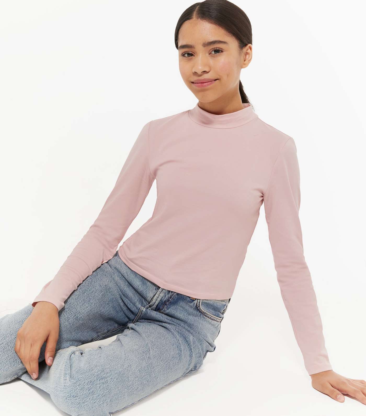 Girls Pale Pink High Neck Long Sleeve Top