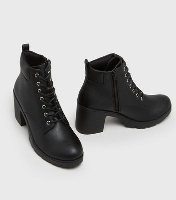 Black Lace Up Block Heel Chunky Boots 