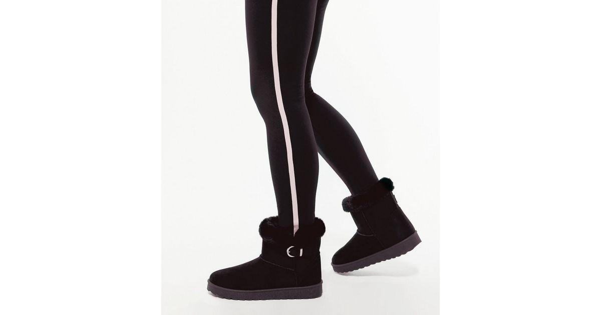 black suedette teddy trim chunky lace up boots