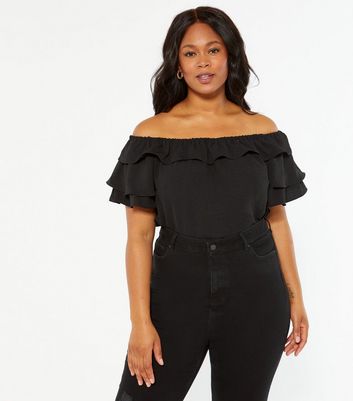 Black ruffle bardot online top