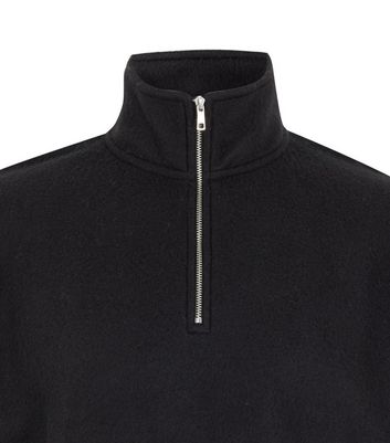 Image of Black Fleece Zip Neck Long Sleeve Sweatshirt New Look
