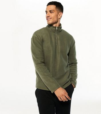 Khaki Fleece Zip Neck Long Sleeve Sweatshirt New Look