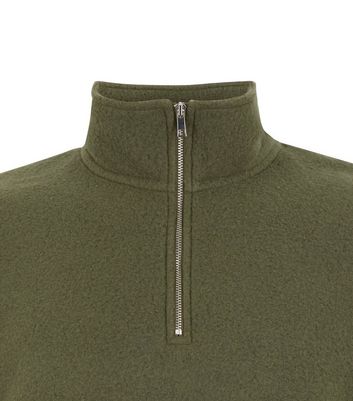 Image of Khaki Fleece Zip Neck Long Sleeve Sweatshirt New Look