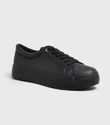 Girls Black Leather Look Flatform Trainers New Look