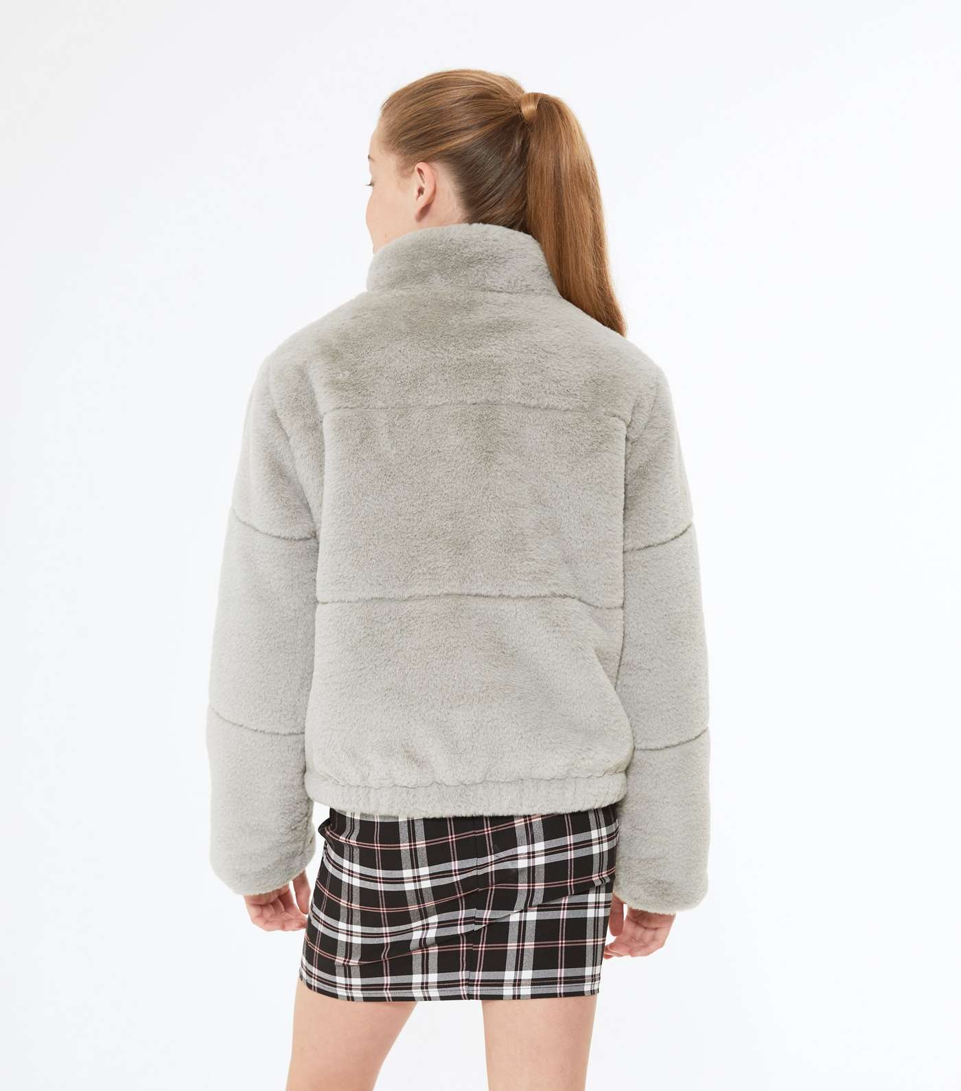 Girls Grey Faux Fur Puffer Jacket Image 3