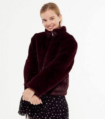 new look burgundy fur coat