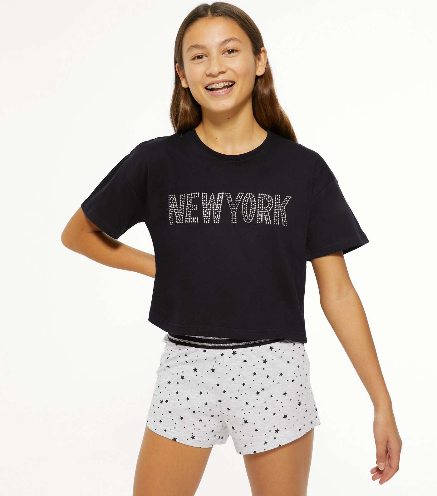 Girls Black Logo New York Gem Star Short Pyjama Set