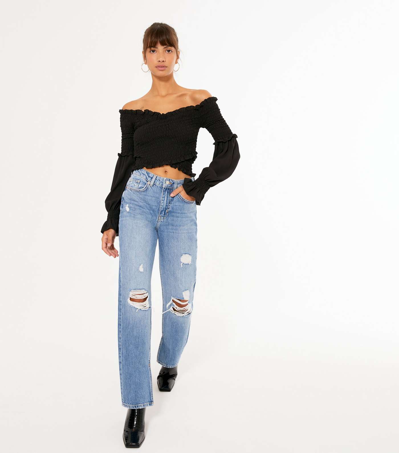 Black Shirred Puff Sleeve Crossover Top Image 2