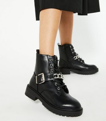 Black Chain and Buckle Lace Up Biker 