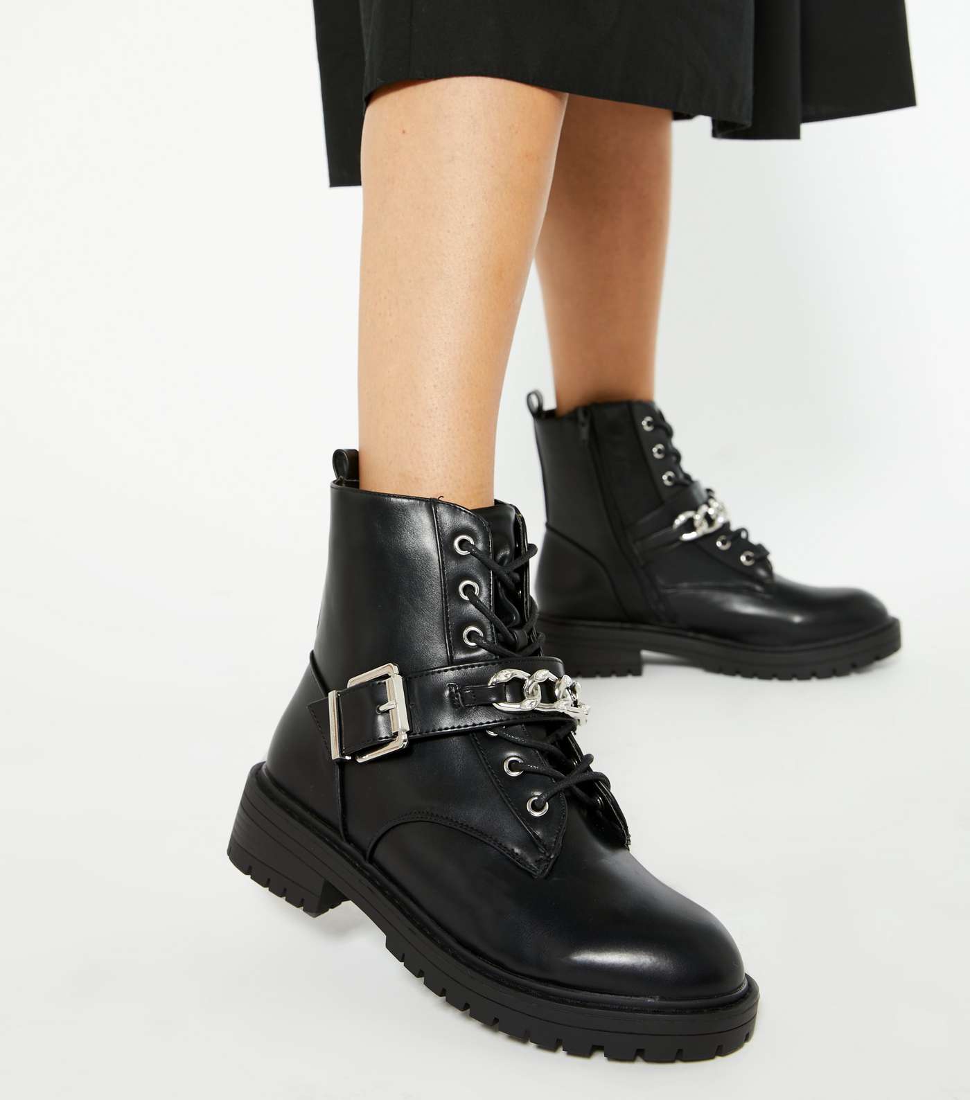 Black Chain and Buckle Lace Up Biker Boots