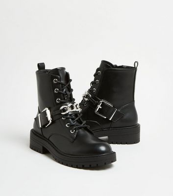 Image of Black Chain and Buckle Lace Up Biker Boots New Look Vegan