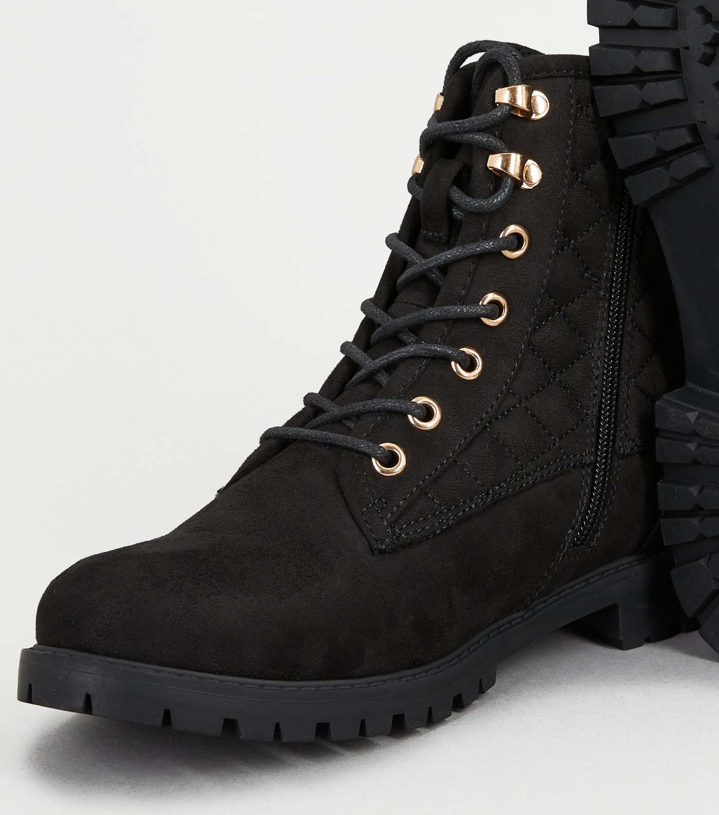 Black Suedette Flat Quilted Boots Image 2