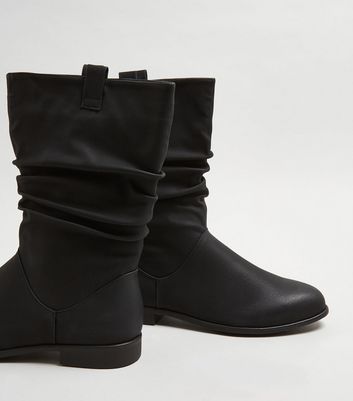 Black Calf Slouch Flat Boots | New Look