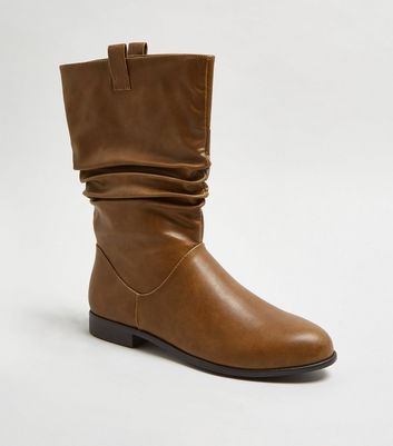 Image of Tan Calf Slouch Flat Boots New Look Vegan