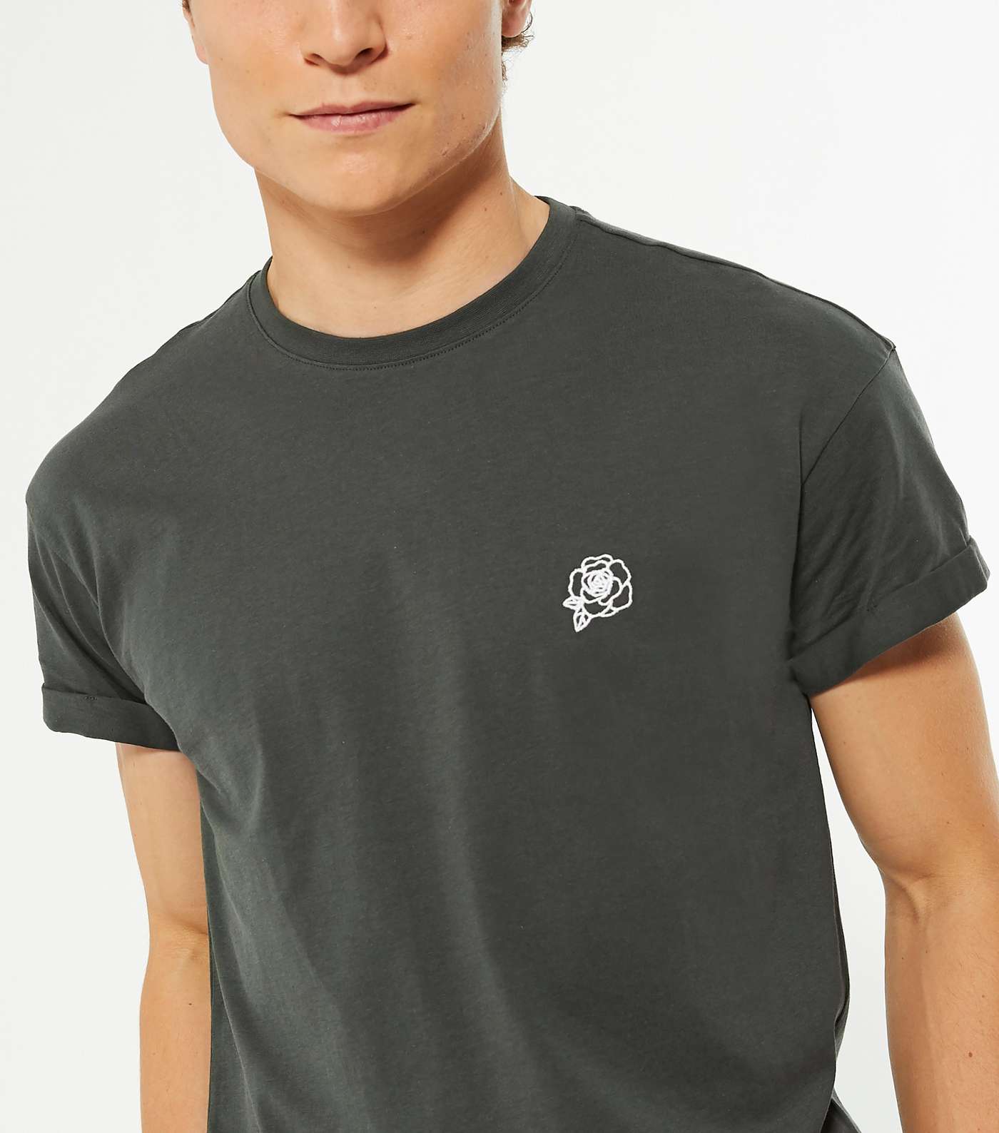 Dark Green Rose Embroidered Short Sleeve T-Shirt Image 3