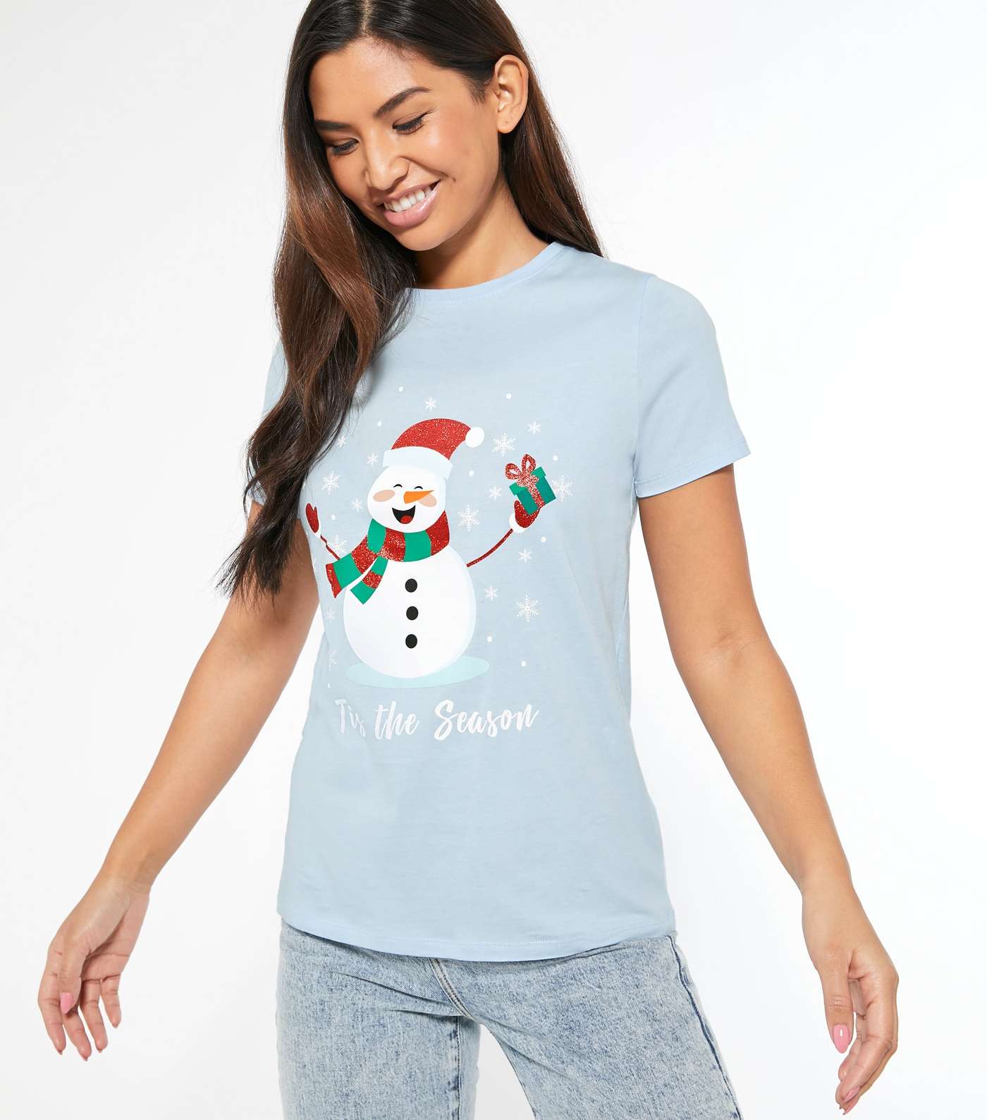 Pale Blue Snowman Christmas Slogan T-Shirt