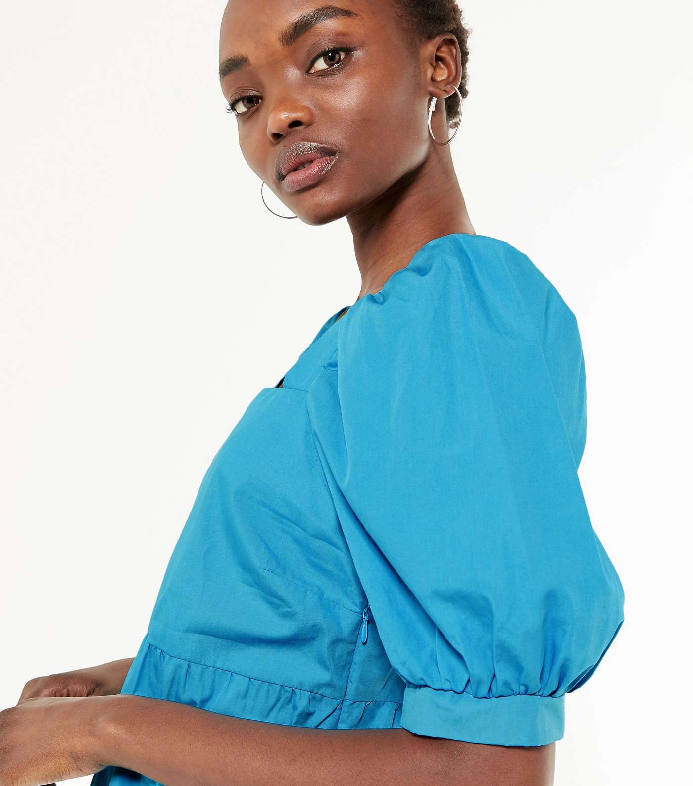 Turquoise Puff Sleeve Poplin Smock Dress Image 4