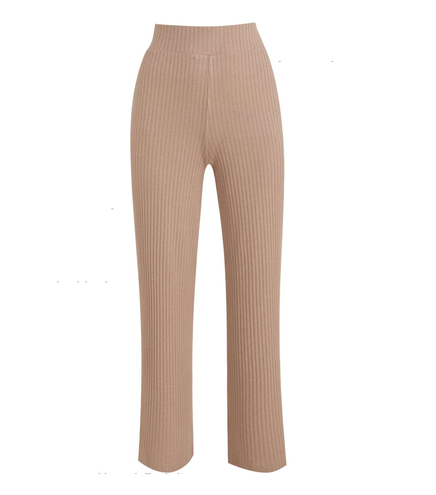 Camel Ribbed Knit Wide Leg Trousers 