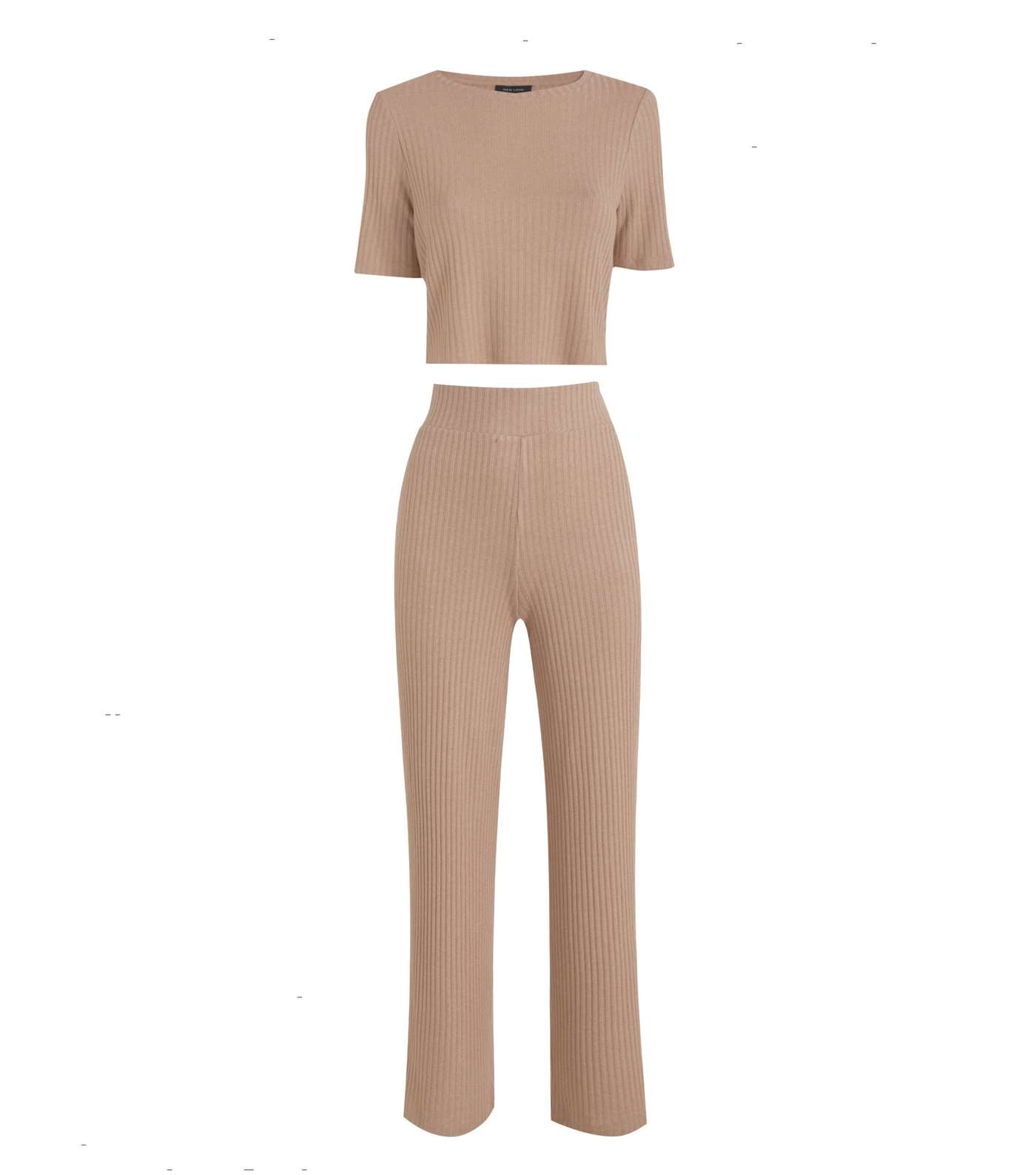 Camel Ribbed Knit Wide Leg Trousers  Image 3