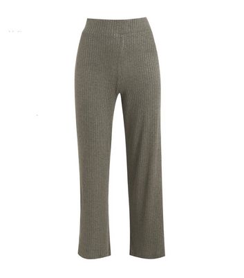 Image of Khaki Ribbed Knit Wide Leg Trousers New Look