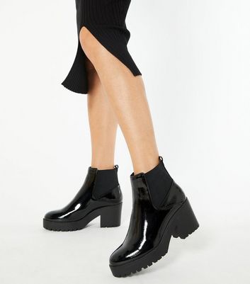 Image of Black Patent Chunky Chelsea Boots New Look Vegan